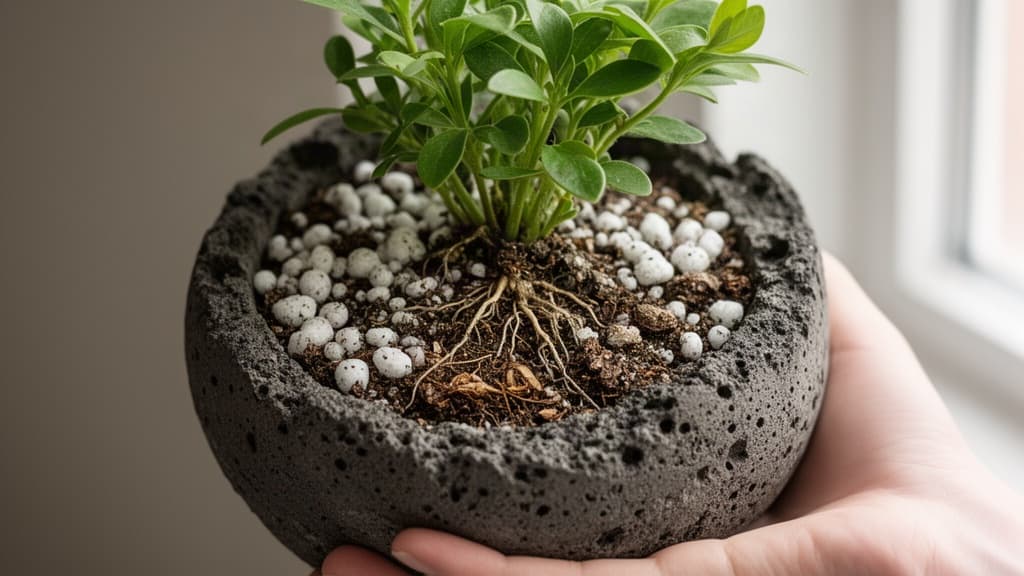 Detalhe de um vaso de cimento queimado contendo substrato poroso e uma planta verde, com luz natural suave destacando a textura dos materiais